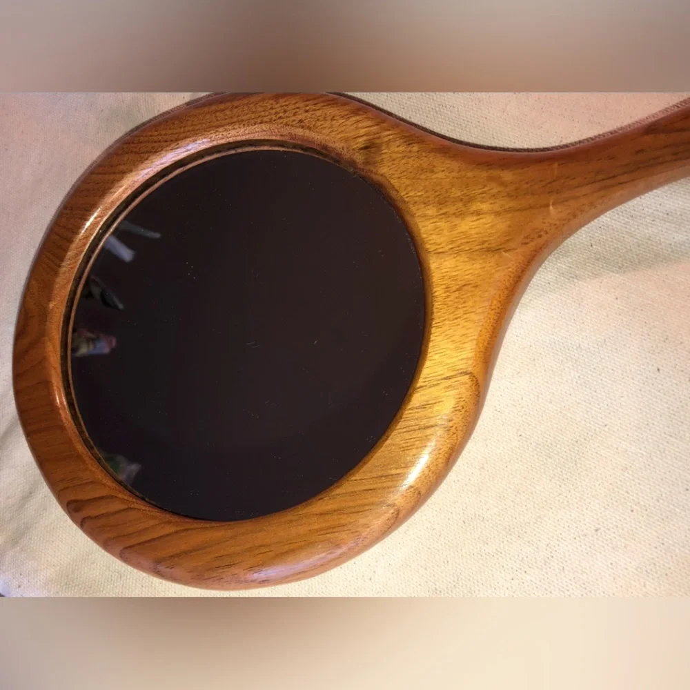 Wooden Round Long Handled Hand Mirror-Handcrafted/vintage 1980s -16.5” long